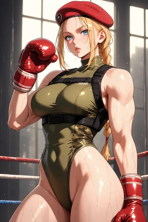 score_9, score_8_up, score_7_up, BREAK, score_9,  cammySDXL, 1girl, solo, long hair, breasts, looking at viewer, blue eyes, blonde hair, boxing gloves, hat, standing, braid, leotard, lips, muscular, sweating, beret, highleg, red headwear, highleg leotard, ...