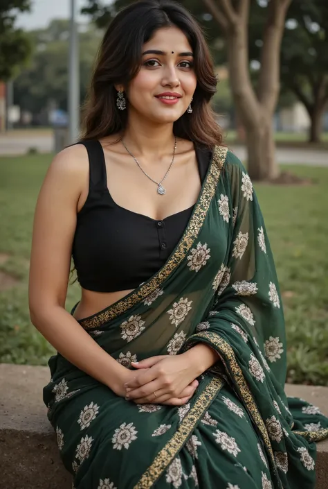A beautiful big breast Indian woman sitting on park, dressed in a traditional black and green salwar suit with white geometric block prints and golden border accents. She holds the matching dupatta gently in front of her with both hands. Her hair is tied u...