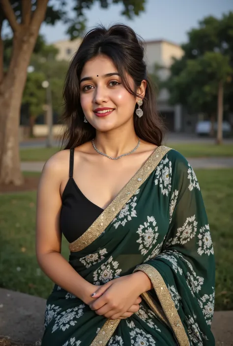 A beautiful big breast Indian woman sitting on park, dressed in a traditional black and green salwar suit with white geometric block prints and golden border accents. She holds the matching dupatta gently in front of her with both hands. Her hair is tied u...