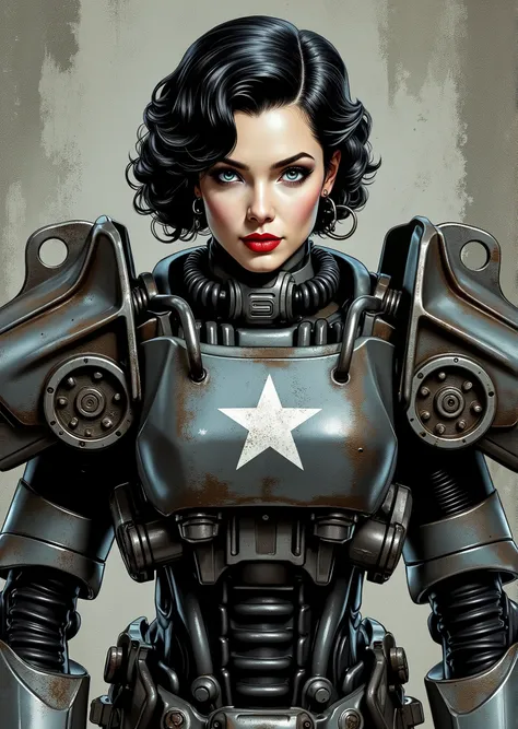 3/4 body shot, armor, t60, robot, An extremely detailed comic book illustration depicting a stunningly beautiful character portrayed by youthful baby faced Gene Tierney nineteen years old wearing a retro 50s T-60 power armor mechanized combat suit from the...