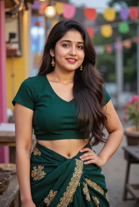A cheerful young Indian big breast girl posing confidently outdoors. She is wearing a stylish deep green traditional outfit with a fitted blouse and flared traditional saree Her hair is neatly tied back in a ponytail. She accessorizes with gold jhumka earr...