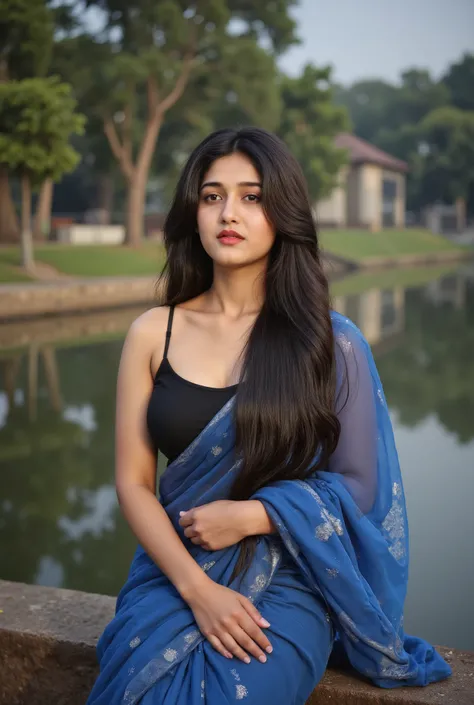 "A beautiful Indian big breast girl with wet hair, wearing a blue black traditional saree , sitting by a serene lake. She looks calm and thoughtful, with a natural expression. The background features lush greenery and soft reflections in the water, creatin...