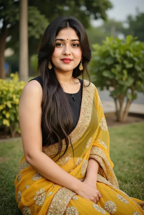 "A beautiful Indian big breast woman with a long braid, wearing a vibrant yellow and black traditional saree with sleeveless black Deep nackline blouse . She is sitting on grass in a park and smiling softly, adorned with Holden jhumka earrings and a small ...