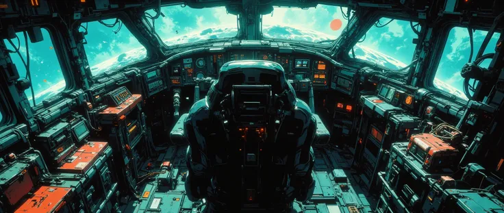 [[Anime Scene]] [[Anime Background]] A masterpiece, very current, high quality, 90s-style anime scene, with a dark and retro atmosphere, inspired by 90s anime. [[High Angle]] From above, a ceiling view - the camera captures a control room of a futuristic r...