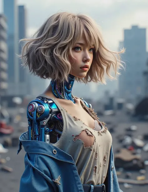 realistic depiction like a photograph、 、Realistic texture、charming Japanese female android、blonde wavy bob hair style、hair is disheveled、My clothes are tattered and my skin is visible、part of the skin is torn and the blue ceramic body is slightly visible、S...