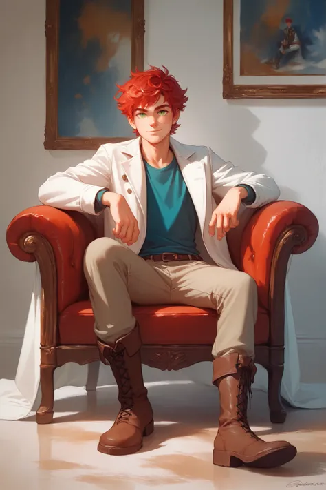 A male, young prince, full body shot, sitting in a sofa, gouache painting, slender, looking at viewer, wavy short hair, red hair, green eyes, freckles, white coat, shirt, pants, boots
