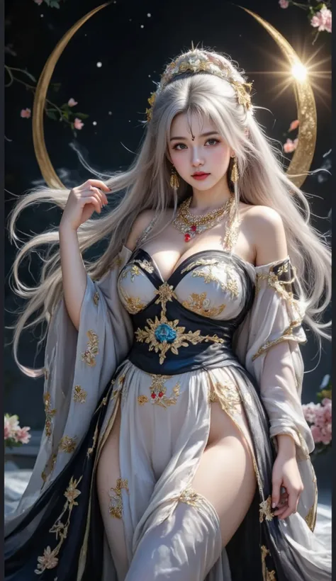 Super high quality, Masterpiece,  perfectly illustrated , very detailed (Beautiful light and shadow, Very dramatic photo,backlight) , ((gray hair:1.5)) 1 girl, lonely, (Adoration dressing,  royal 、 Hanfu black and white ,thick fabric, long sleeves ) flower...
