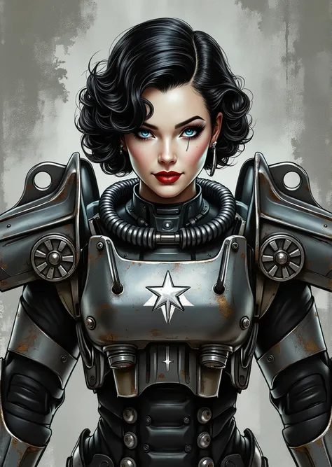 full body shot, armor, t60, robot, An extremely detailed comic book illustration depicting a stunningly beautiful character portrayed by youthful baby faced Gene Tierney nineteen years old wearing a retro 50s T-60 power armor mechanized combat suit from th...