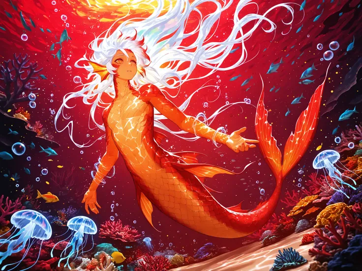 masterpiece, best quality, newest, dynamic angle, close up, ((male siren, mermen tail)), ((floating hair, swimming male siren, mermen)), swirling bubble effects, sea anemone decorations, glowing plankton particles, mystical ocean ambiance, crystal clear wa...