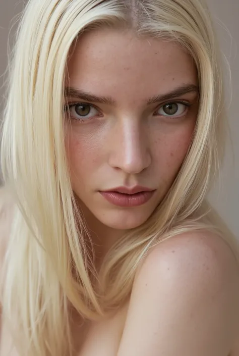 A light-complexioned girl is positioned with her shoulder facing the viewer, highlighting the delicate contours of her skin adorned with beauty marks or freckles. She looks at the viewer with a piercing gaze and a sensual expression on her face. Her long w...