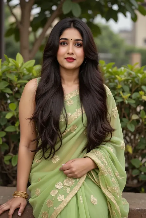 A beautiful sexy young Indian big breast curvy figure woman wearing a traditional Brite green traditional saree with golden embroidery, sitting outdoors in a garden setting. She has long black hair styled in a side fishtail braid, wearing elegant makeup wi...