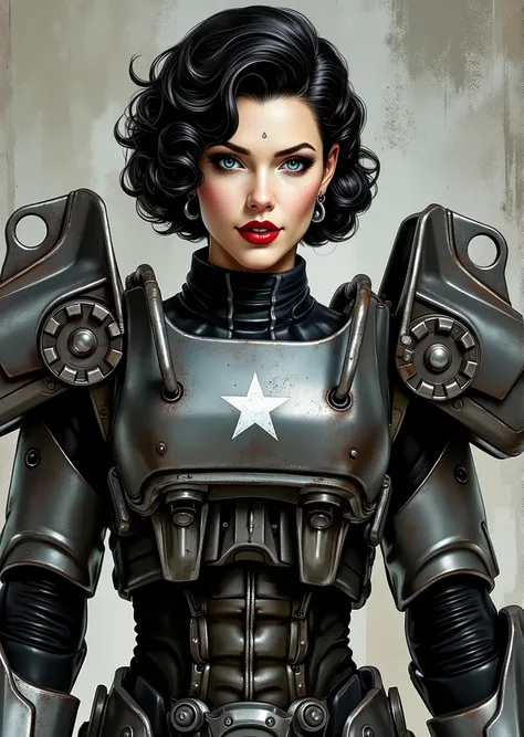 full body shot, armor, t60, robot, An extremely detailed comic book illustration depicting a stunningly beautiful character portrayed by youthful baby faced Gene Tierney nineteen years old wearing a retro 50s T-60 power armor mechanized combat suit from th...