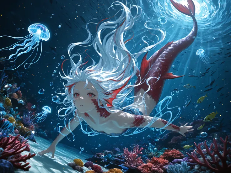 masterpiece, best quality, newest, dynamic angle, close up, ((male siren, mermen tail)), ((floating hair, swimming male siren, mermen)), swirling bubble effects, sea anemone decorations, glowing plankton particles, mystical ocean ambiance, crystal clear wa...