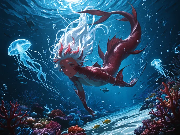 masterpiece, best quality, newest, dynamic angle, close up, ((male siren, mermen tail)), ((floating hair, swimming male siren, mermen)), swirling bubble effects, sea anemone decorations, glowing plankton particles, mystical ocean ambiance, crystal clear wa...