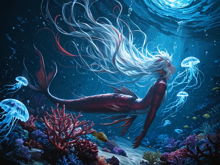 masterpiece, best quality, newest, dynamic angle, close up, ((male siren, mermen tail)), ((floating hair, swimming male siren, mermen)), swirling bubble effects, sea anemone decorations, glowing plankton particles, mystical ocean ambiance, crystal clear wa...