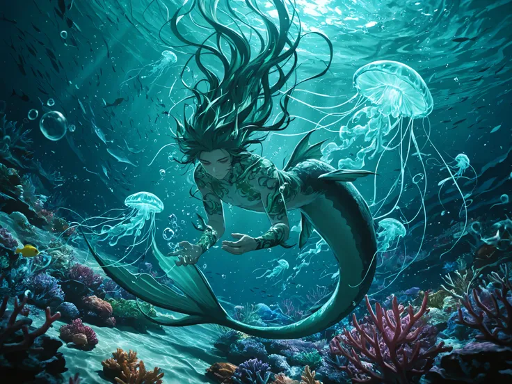 masterpiece, best quality, newest, dynamic angle, ((male siren, mermen tail)), ((floating hair, swimming male siren, mermen)), swirling bubble effects, sea anemone decorations, glowing plankton particles, mystical ocean ambiance, crystal clear water, glowi...