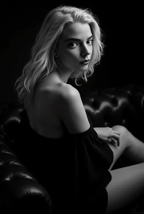 A young woman is seated on a luxurious dark leather couch, her posture relaxed yet elegant. The lighting is dim, creating a moody and intimate atmosphere with striking contrasts of light and shadow. The woman's shoulders are exposed, suggesting she is drap...