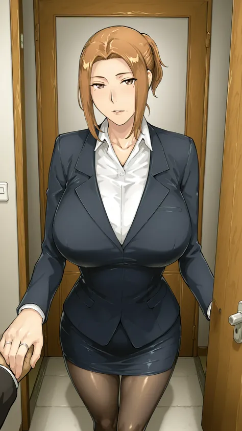 1girl,solo,mtsp_kyouka,motherly,lady,teacher,
brown hair,short ponytail,slim body,
miniskirt,mole_under_mouth,parted lips, ring,
blue-violet suit, suit jacket, [[white shirt]], skirt suit,pantyhose,office,
looking at viewer,
dooraway,opening the door,POV,
...