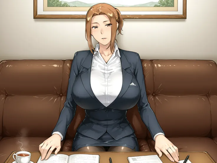 1girl,solo,mtsp_kyouka,motherly,lady,teacher,
brown hair,short ponytail,
perky breasts,slim body,
miniskirt,mole_under_mouth,parted lips, ring,
blue-violet suit, suit jacket, [[white shirt]], skirt suit,pantyhose,office,
looking at viewer,
sitting on the s...