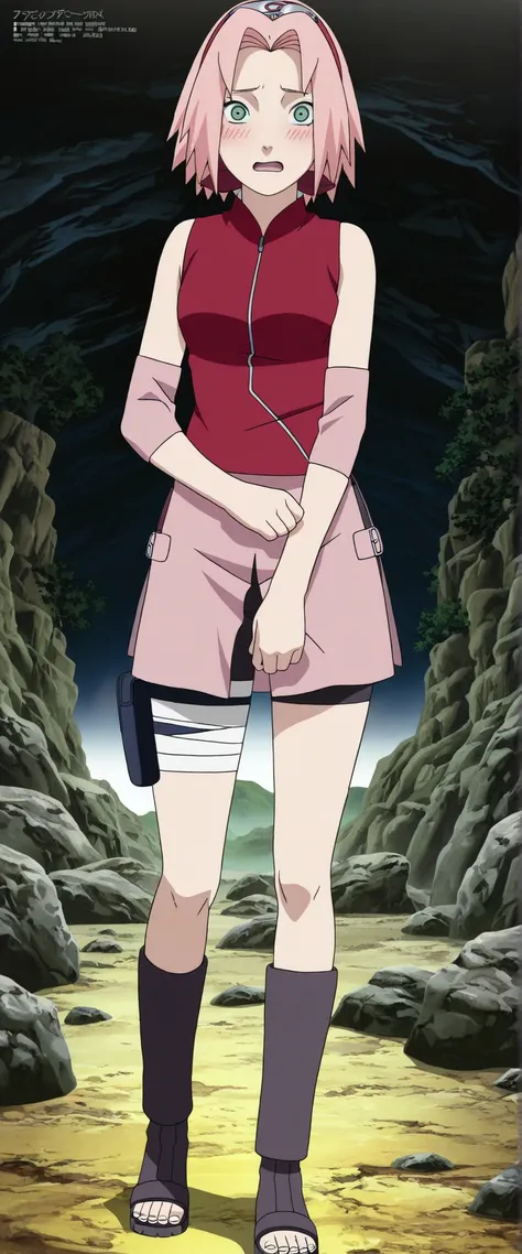 1girl,haruno sakura standing look at the viewer, BREAK pink hair, short hair, red hairband, green eyes, parted bangs, BREAK red sleeveless minidress, zipper, pink miniskirt, bandaged thigh, BREAK medium breasts, beautiful body, beautiful legs , masterpiece...