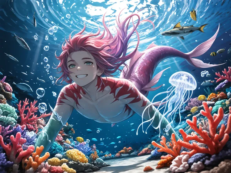 masterpiece, best quality, newest, dynamic angle, ((multiple subjects)), ((3 male siren, mermen tail)), ((floating hair, swimming male sirens, mermen)), ((3 male sirens swimming through the sea)), ((one red scaled siren)), ((one purple scaled siren)), ((o...