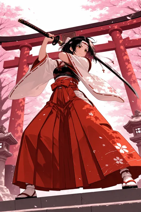 Highest Quality, masterpiece, Ultra high resolution
1 person, Shrine Maiden Warrior, Rin々Expression, Red and White Shrine Maiden Style Armor, White headband, Nagara Naginata, battle pose, Dynamic Action, Flying Hakama, majestic shrine background, Flutterin...