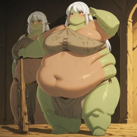 Becoming a orc, monster, silk amberwood (aparida), dark elf, long hair, white hair, pointy ears, red eyes, fabric clothes, loincloth,, mature female, big breasts, anime screencap, source_anime, Orc, Female Orc, green skin, round face, breasts, plump,,,, ,c...
