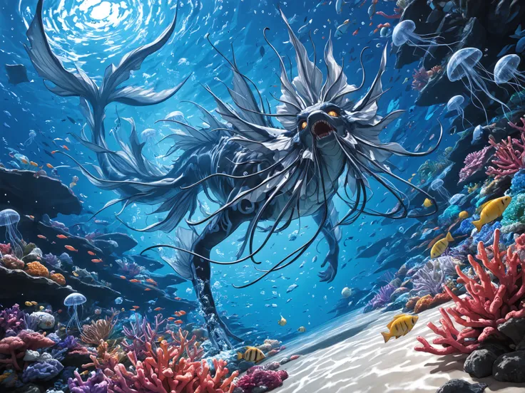 masterpiece, best quality, newest, dynamic angle, ((3 male siren)), swimming through the sea, colorful coral reef in the background, fish and jellyfish swimming around