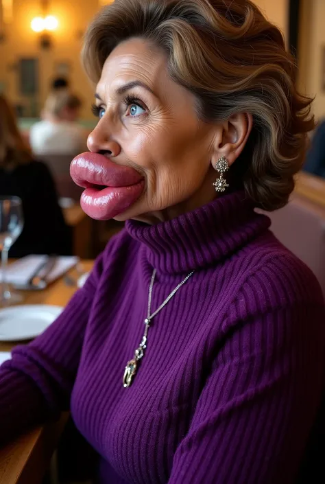 Side view of a 60 year old Italian milf posh woman with old skin in a restaurant, Wearing a purple ribbed thick wool turtleneck sweater, botox face, face lifting, Huge fake round pouty lips, blue eyes, medium shot, huge lips, Big lips , botox lips
