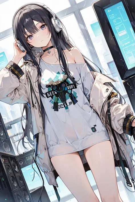 score_9, score_8_up, score_7_up, source_anime,masterpiece,perfect anatomy,high resolution, ultra-detailed,beautiful detailed eyes,dutch angle,absurdres,1girl,solo, defexia,black hair,long hair,headphones, choker, off shoulder, shirt, white jacket, collarbo...