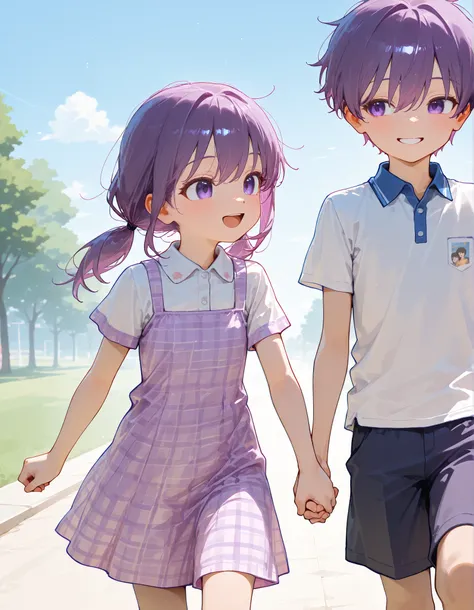 Masterpiece, anime, cute, the best, two people, brother and sister, child, immature, elementary school student, height difference, unusual fashion, polo shirt, shorts, checked dress, smiling, happy, adorable, blue sky, short-haired boy, purple-haired boy, ...