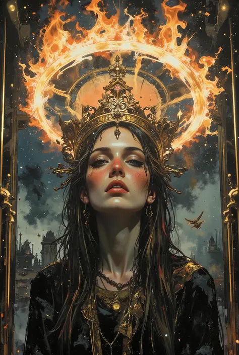 Portrait of a mirror image of a woman with a rotating ring of fire above her head, like a halo. Her face is hidden by smoke, and faint sparks fly by. There is a mirrored wall in the background. Religious and futuristic fusion style.