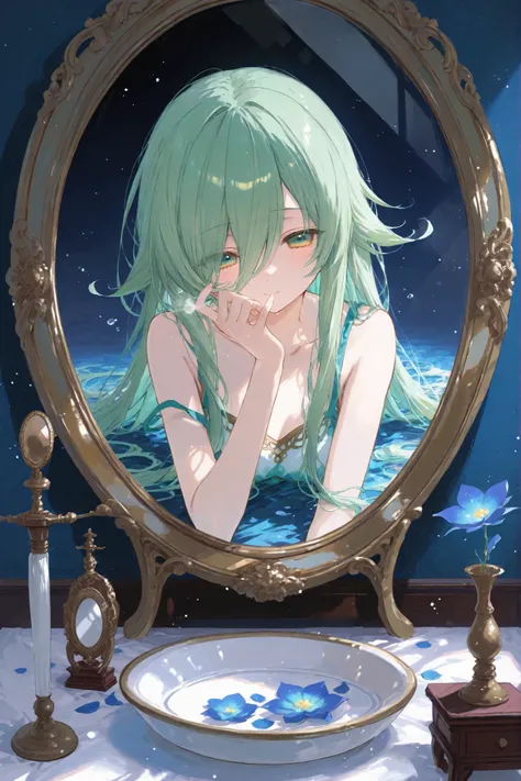 High quality pictures、Girl Facing the Mirror、Ephemeral Profile、Bedroom at dusk、large antique mirror、figure of a boy floating on a mirror surface、Two Intersecting Shadows、Clear Particles of Light、Flickering air、 Quiet Moments 、Deep Blue World View、with a se...