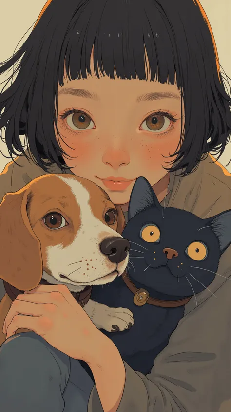 real、Super zoom on the face、Super zoom up on the face of a Japanese girl with short bob hair, a beagle dog, a black cat, and an otter huddled cheek to cheek,Shot with a Wide Angle Lens、超close-up、Smile Yan, viewers、light brown hair、tanned dark skin、big eyes...