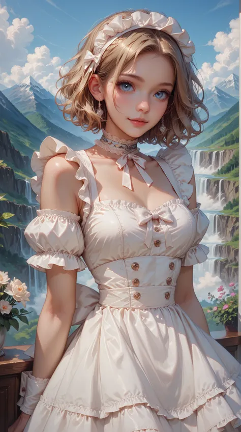 Ultra High Definition, Masterpiece, perfect detail, Tyrolean Dress, Corolla Katyusha, Satin Choker, Cute expression, Ruffle Skirt, White apron, volume sleeve , Chest Ribbon, Mountain Backdrop 