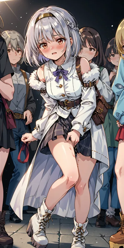 SIGMA 200 mm F/1.8, 1/100 sec shutter, award-winning photo, beautiful medium breasts, shiny skin, (blunt cut bob, pastel lavender with silver highlights, pin-straight mid-shaft and sharp flipped hem, glossy smooth texture, thin silver headband), (have to p...