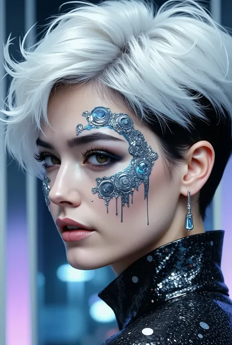 (((LBDSM-style digital illustration))), illustration, highly detailed, stylized, digital)), Hyper-realistic close-up portrait in a mirrored room. A woman with striking, very short white hair, cut to one side and artfully darkened, facing the viewer with an...