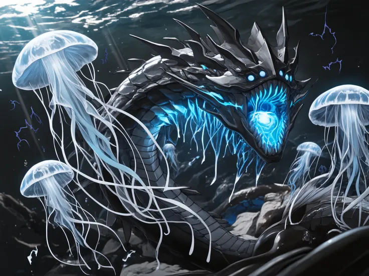 masterpiece, ultra highres, best quality, terrifying deep sea monster, glowing bioluminescent patterns, razor-sharp teeth, multiple eyes, serpentine body, (looking directly at viewer:1.2), menacing expression, dark ocean depths, ethereal blue bioluminescen...