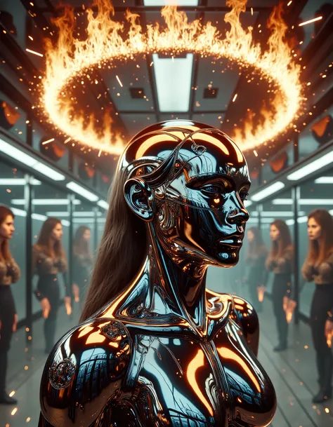 A surreal kaleidoscope of mirror images of a woman with a rotating ring of fire above her head, like a halo. Her face is hidden by smoke, and faint sparks fly by. There is a mirrored wall in the background. Religious and futuristic fusion style.