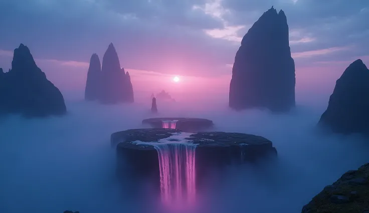 Surreal cinematic dreamlike landscape with floating islands and glowing waterfalls under a twilight sky, ethereal mist swirling between towering rock formations, ultra-wide angle shot with soft focus effects