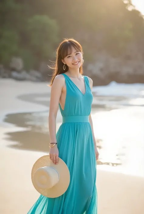 Hyper-realistic photograph of a radiant 20-year-old influencer woman at a tropical beach resort during golden hour, wearing a backless long flowing flare dress in vibrant turquoise blue, fabric gently swaying in the ocean breeze, accessorized with large go...
