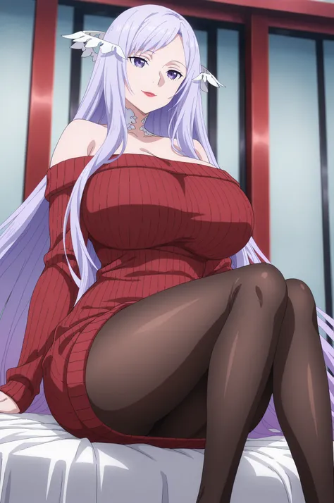 newest , masterpiece , anime screencap , anime coloring , quinella, 1girl, Mature Female, long hair, light purple hair, purple eyes, huge breasts, big butt, ((off shoulder , off-shoulder dress , off-shoulder sweater , pantyhose , red sweater , sweater , s...