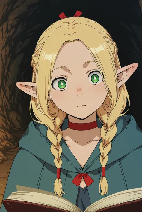 marcille donato, long hair, blonde hair, green eyes, braid, pointy ears, twin braids, elf, bright pupils, parted bangs, choker, robe, red choker, open book, Cave Dwelling
,anime screencap,anime coloring,anime screenshot