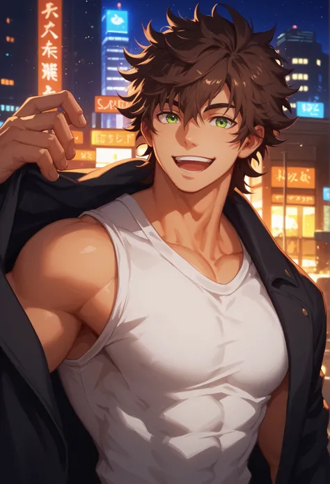 dark brown hair, man, green eyes, orange skin, strong, strong physique, white shirt, focus on character, city in background, night, smiling, cheerful, messy hair, looking at viewer, anime style, athletic, black coat, adult, thin, open arms