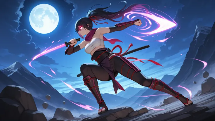 ultra highres, masterpiece, best quality, kunoichi assassin, traditional sarashi wrapping, form-fitting shinobi shozoku, dual-colored aura swirling, action pose, mountain peak setting, full moon backdrop, scattered moonlight rays, dynamic cloth physics, de...
