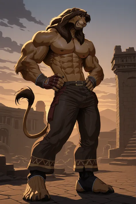 (masterpiece, highly detailed face, detailed realistic brown eyes), Galen Dhaelos, lion head, 1boy, solo, dark brown mane, muscular male, bara pecs, male,  side view, dramatic lighting, full body, happy, standing, pants, hand on hips, looking forwards, win...