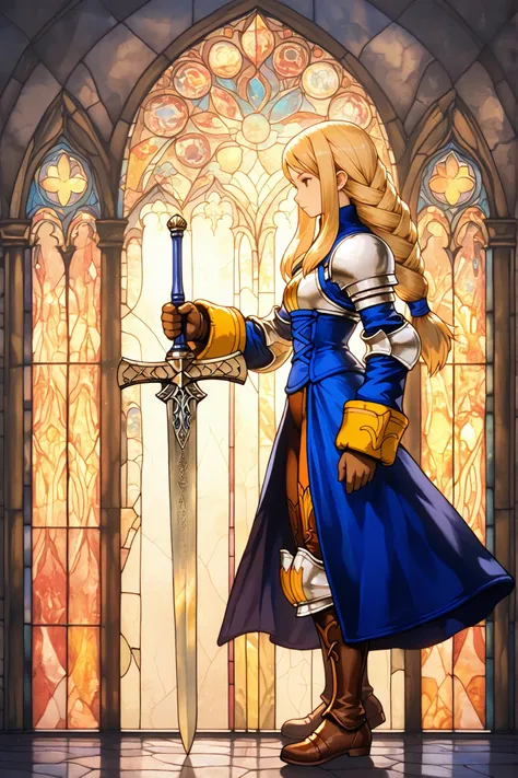 masterpiece, Character, Final Fantasy Tactics, Agrias Oaks, holding a sword, stained glass window, full body shot, Stained Glass art style 