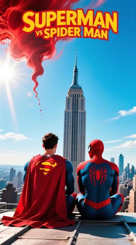  ((new yorkのエンパイア・ステート・ビルの屋根の上で背中合わせに座るスーパーマンとスパイダーマンの真横のアングルのリアリスティックな写真の映画ポスター,（"Superman vs Spider Man")）

"Realistic movie scene with a superhero, ((Superman with a red cave blowing in the wind on his back:1.9、Spider-Man wearing a mask and emblem in the shape of a red spider on his back:1.9)), American Hero live action movie with a red cave blowing in the wind,, ((Background: new york、with sunlight shining on the roof of the Empire State Building、cloudless blue sky)), ((The two are sitting back to back:1.9)), (("Superman vs Spider Man")), (a movie poster that is a live-action adaptation of an American comic), (A beautiful portrait with realistic colors), (( "Superman vs Spider Man" The title written at the top center of the poster with text with a yellow border in red:1.9)), 