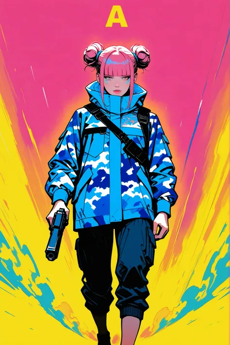 m0eb0s,flat color, sinozick style,cyberpunk,(1 girl), a girl wearing vivid-colored camouflage military coat, (pink, yellow, blue wear), workpants, (beautiful face), (realistic face: 1.2), pink hair, double bun hair, blunt bangs, dash, running, holging a gu...