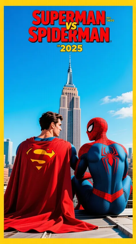  ((new yorkのエンパイア・ステート・ビルの屋根の上で互いの背中と背中を合わせて座るスーパーマンとスパイダーマンの真横のアングルのリアリスティックな写真の映画ポスター,（"Superman vs Spider Man")）

"Realistic movie scene with a superhero, ((Superman with a red cave on his back:1.9、Spider-Man with a red spider-shaped emblem on his back wearing a mask:1.9)), American Hero live action movie with a red cave blowing in the wind,, ((Background: new york、with sunlight shining on the roof of the Empire State Building、cloudless blue sky)), ((The two are sitting with their backs to each other:1.9)), (("Superman vs Spider Man")), (a movie poster that is a live-action adaptation of an American comic), (A beautiful portrait with realistic colors), (( "SUPERMAN vs SPIDERMAN" "2025" The title written at the top center of the poster with text with a yellow border in red:1.9)), 
